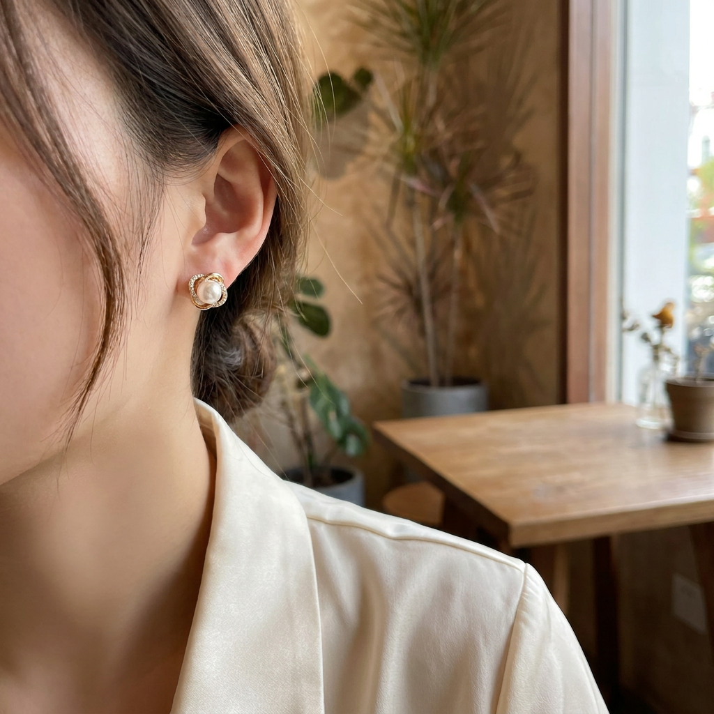 14k Gold Zircon Pearl Twist Luxury Stud Earrings