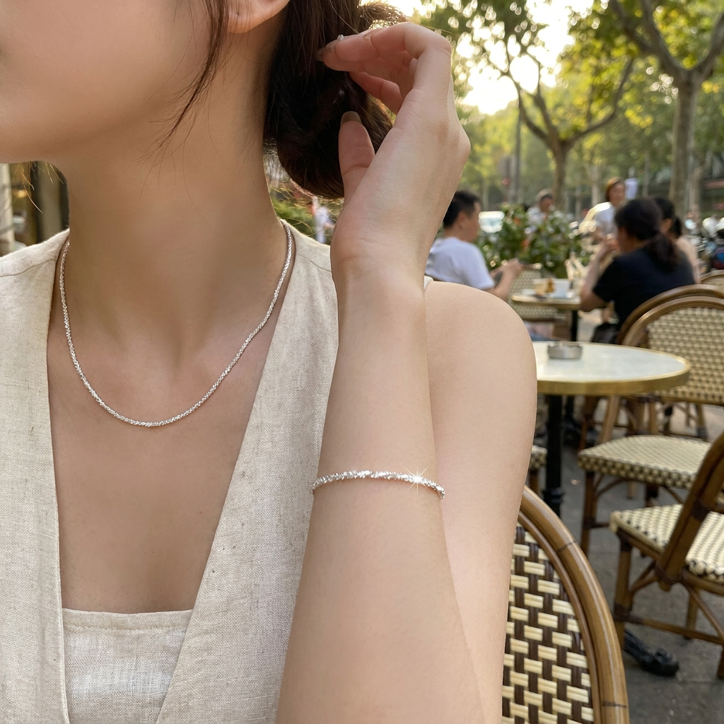 Silver Plated Collarbone Chain Necklace and Bracelet Set