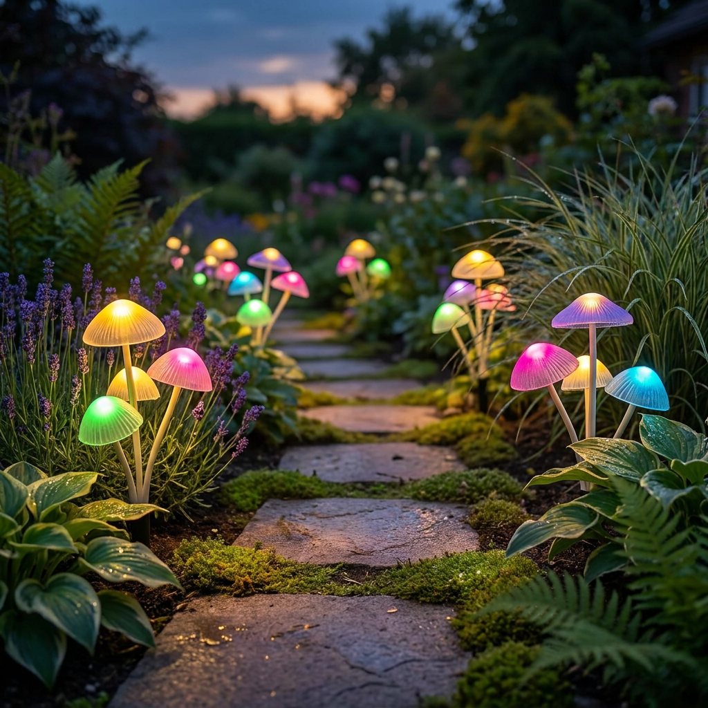 Solar Mushroom Garden Lights glowing along a garden path at dusk
