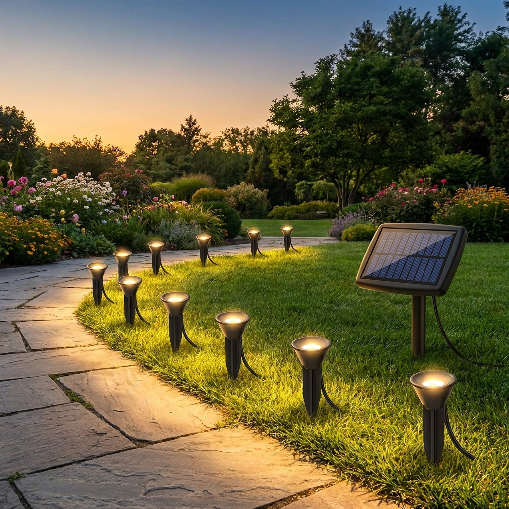 10-in-1 Solar In-Ground Lights glowing beside a walkway at dusk