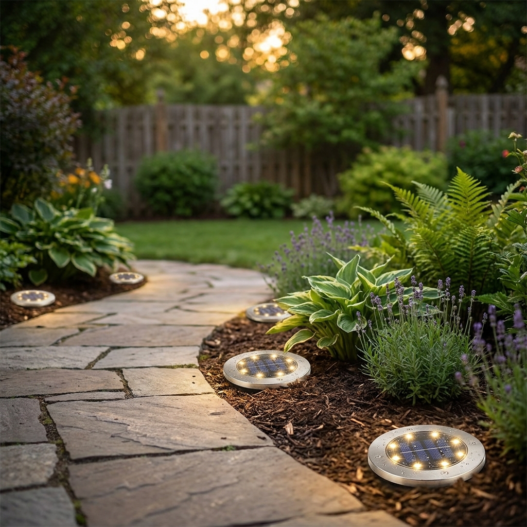 Solar LED Ground Lights lighting a landscaped pathway at dusk
