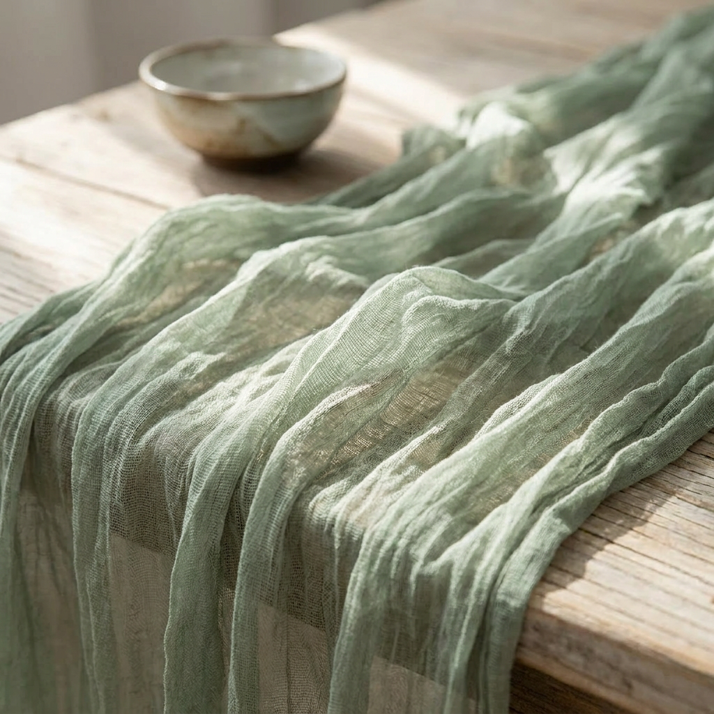 Sheer Gauze Table Runner, Sage Edition — detail