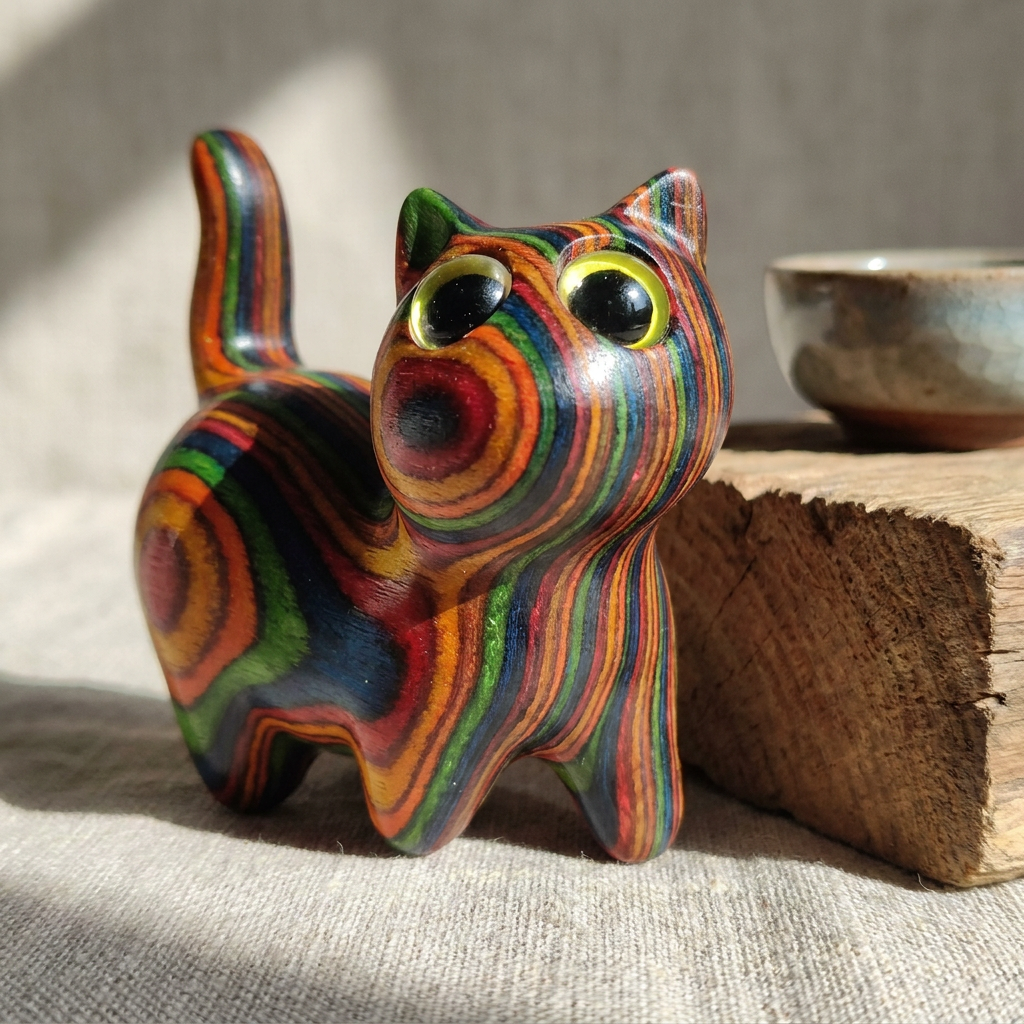 Wooden Kitten Sculpture, Hand-Painted Edition — detail