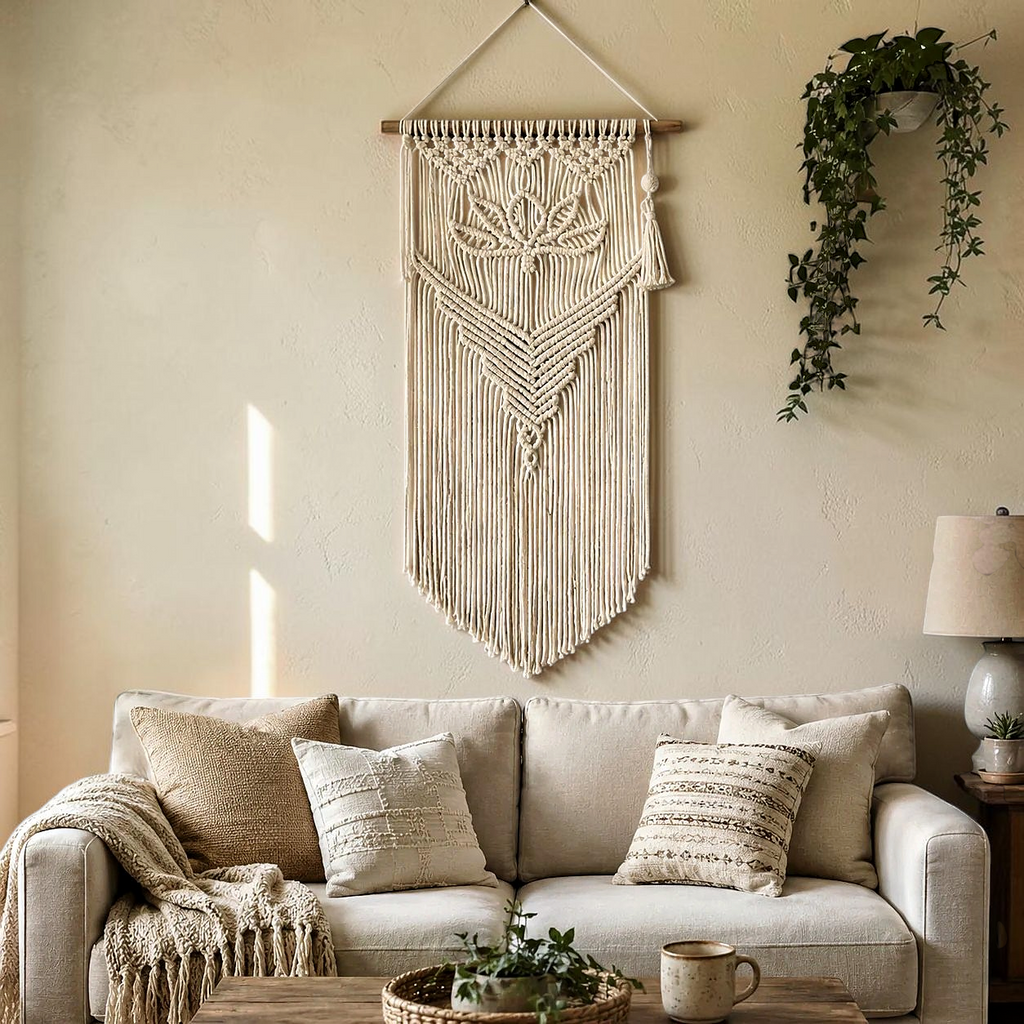 Macrame wall hanging in a cozy boho living room above a couch