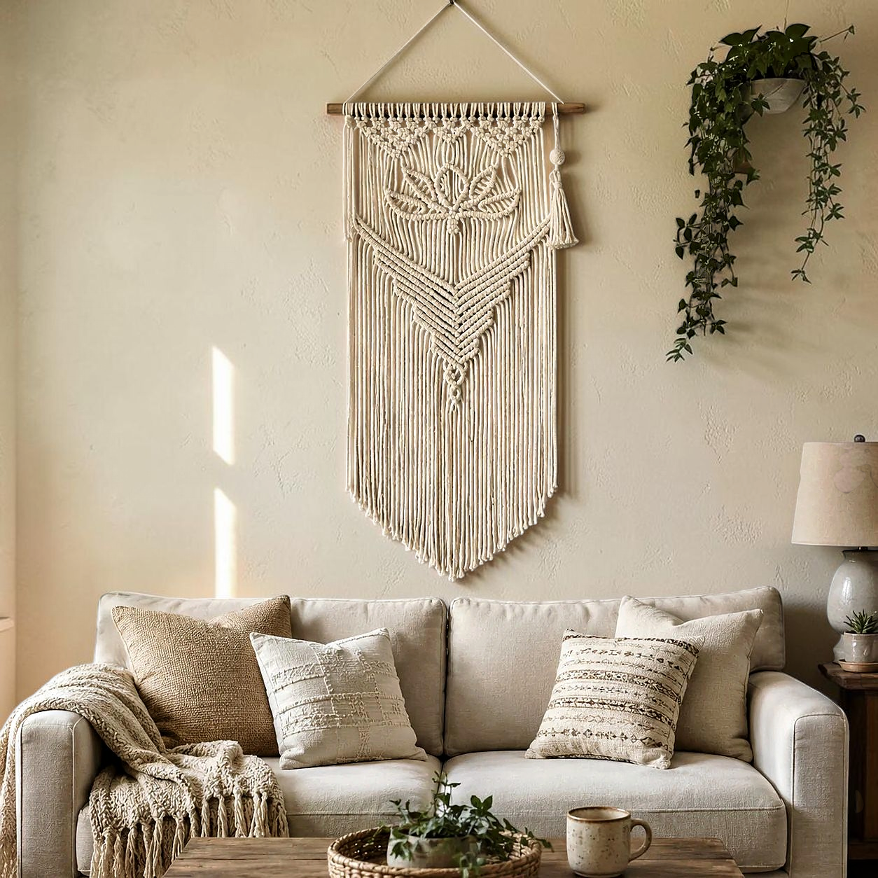 Macrame wall hanging in a cozy boho living room above a couch